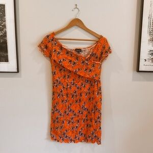 Topshop Orange Purple Floral Shirred Bodycon Mini Dress Size 12